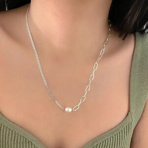 925 Sterling Silver Pearl Paperclip Necklace Asymmetric Link Chain Necklace